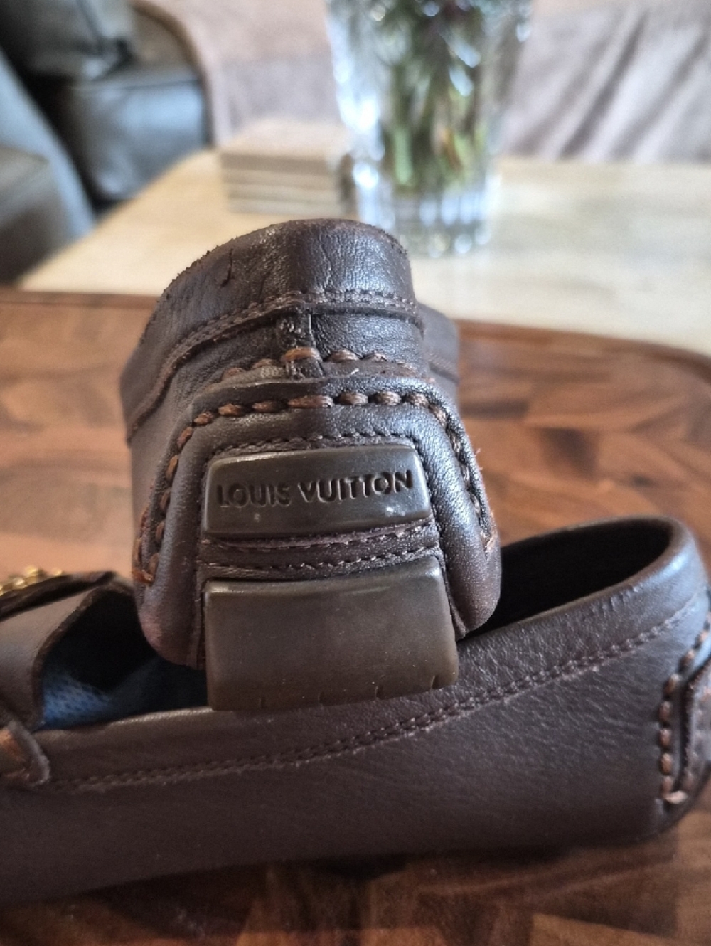 Louis Vuitton Dark Brown Leather Slip-On Loafers with Gold Buckle - Picture 3 of 7